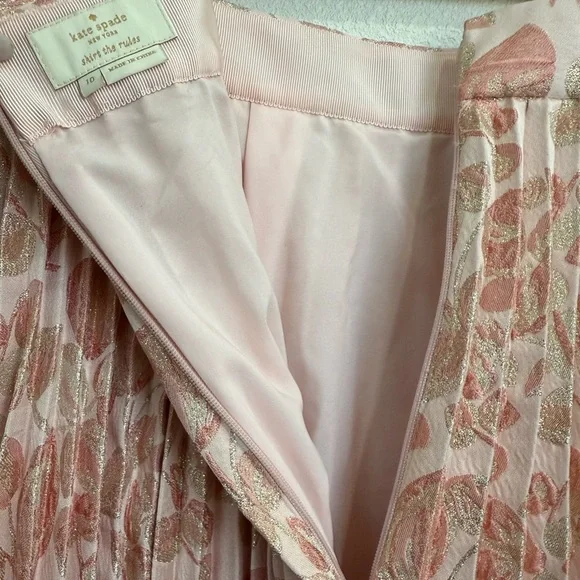 Kate Spade Pink Floral Pleated Midi Skirt Metallic Shimmer Size 10 - Picture 8 of 9